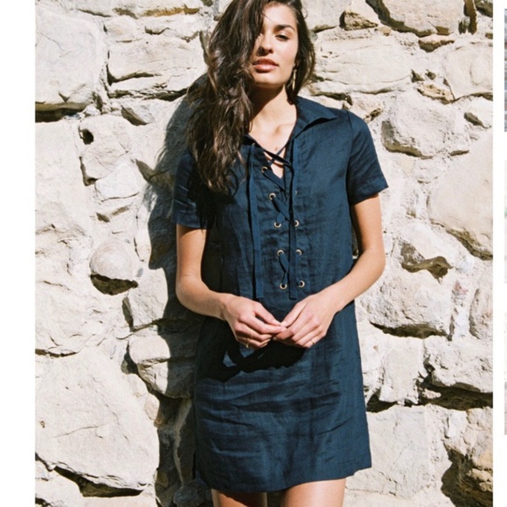 Navy Linen Shift Dress Short Sleeve Tie Front